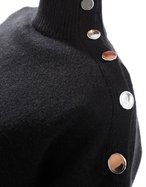 Bershka gold button detail high neck sweater in black
