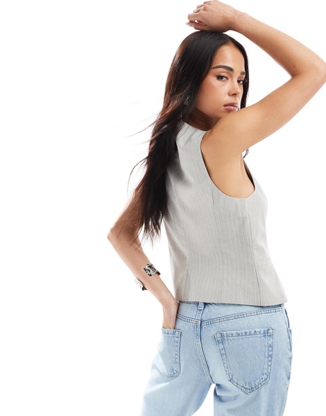 Bershka round neck vest in gray stripe