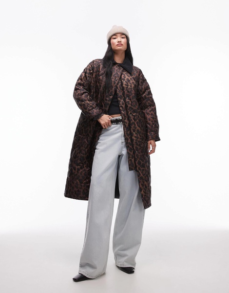 Topshop leopard long nylon coat with cord collar in multi