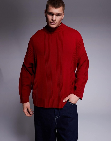 ASOS DESIGN super oversized boxy fit knitted crew neck sweater with rib detail in red