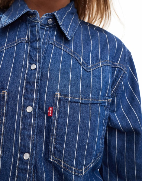 Levi's Teodora shine foil stripe western shirt in mid blue