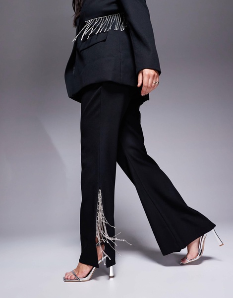 ASOS LUXE Curve flared pants with diamante fringing in black - part of a set