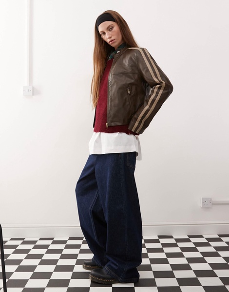 Reclaimed Vintage leather look biker jacket with stripes in washed brown