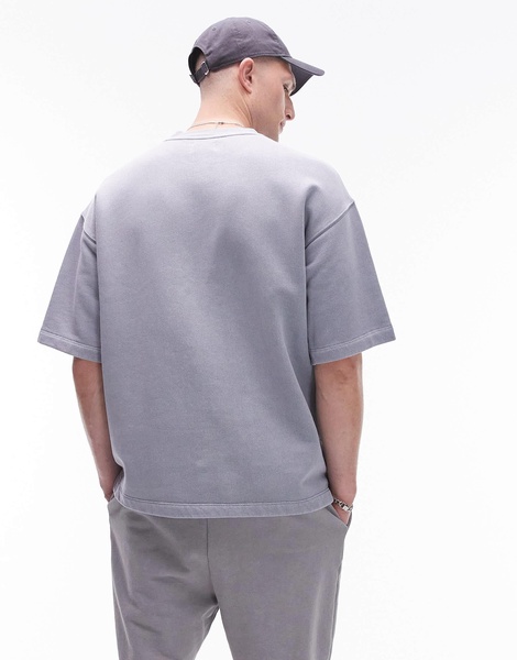 Topman oversized fit short sleeve sweatshirt in washed light gray