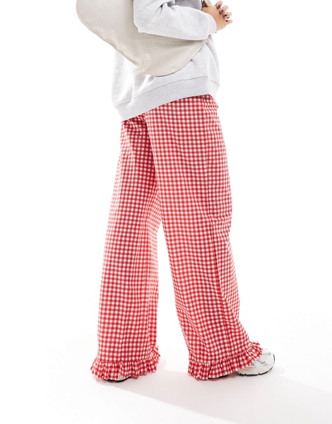 ASOS DESIGN gingham pants with frill hem in red