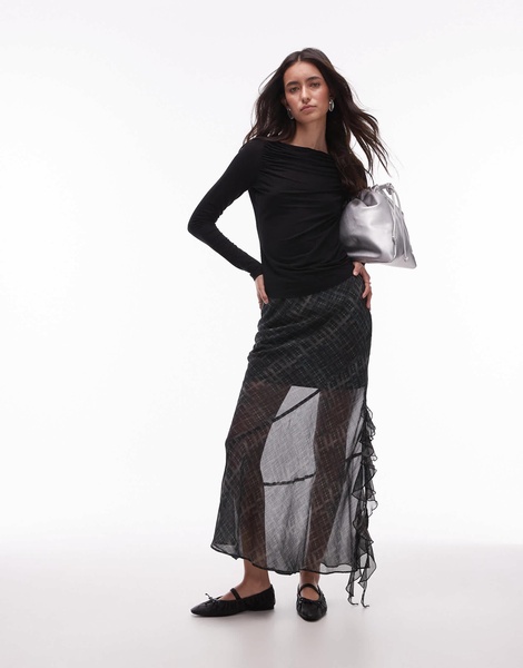 & Other Stories supersoft jersey ruche boat neck top with long sleeves in black