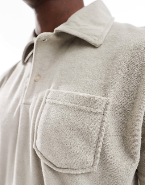 Brave Soul terrycloth polo shirt with camp collar in stone - part of a set