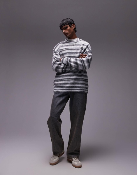 Topman relaxed fit fluffy stripe sweater in gray stripe