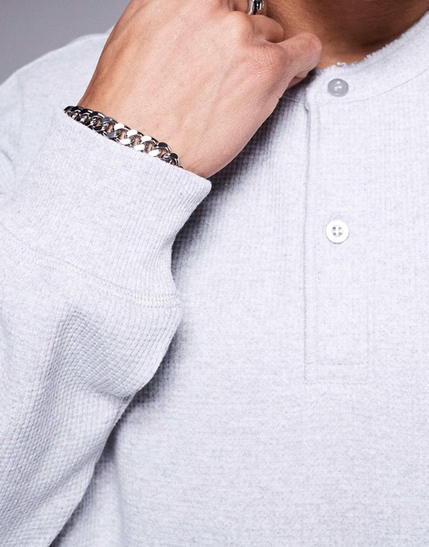 ASOS DESIGN oversized boxy waffle long sleeve T-shirt with henley neck in charcoal