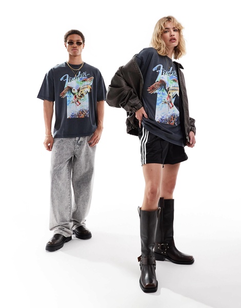 ASOS DESIGN unisex oversized licensed T-shirt with Fender Guitar graphic prints in washed black