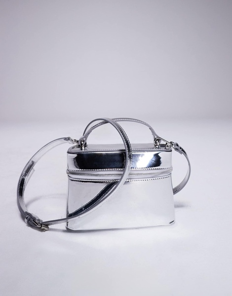 ASOS DESIGN vanity box bag with detachable cross body strap in high shine silver
