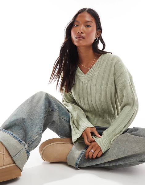 Brave Soul Petite ribbed v-neck sweater in sage green
