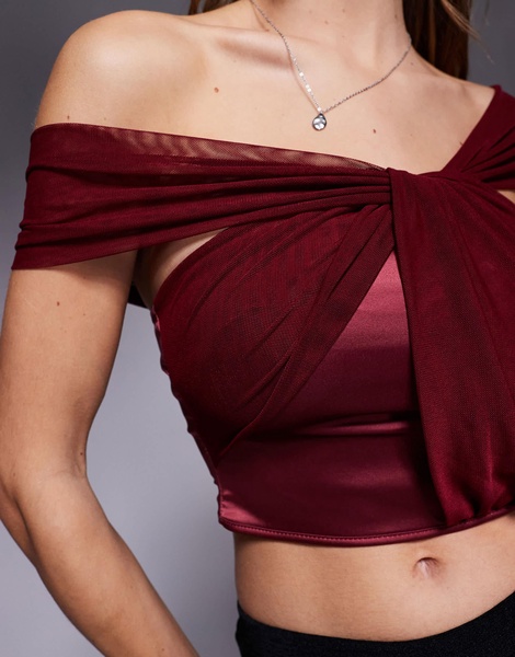 ASOS DESIGN one shoulder drape mesh and satin mix top in plum