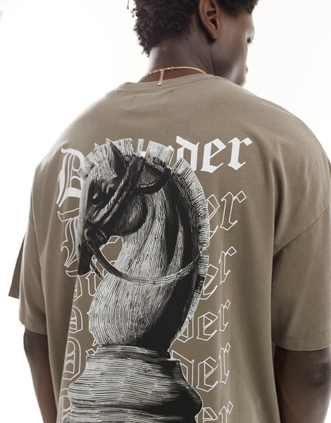 ADPT oversized T-shirt with chess back print in washed brown