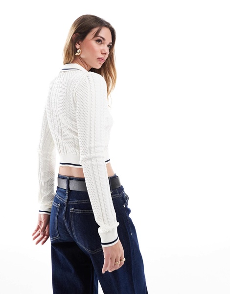 Bershka cable knit polo top in ecru