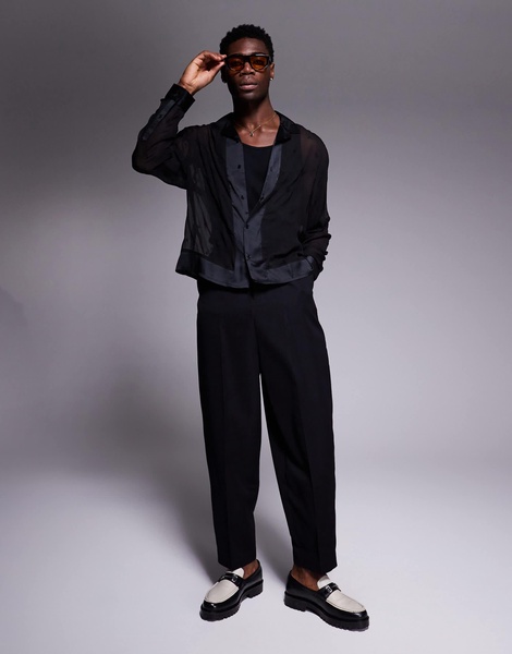 ASOS DESIGN oversized shirt with camp collar and embroidery in black
