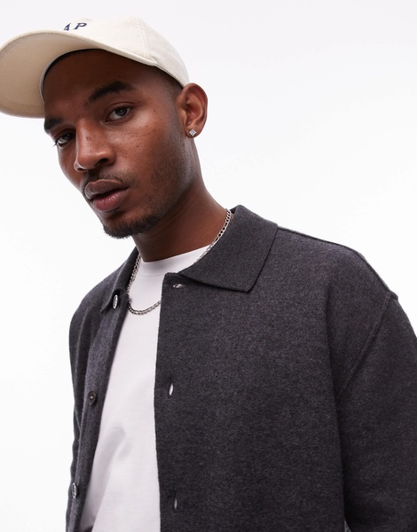 ARKET boiled wool oversized cardigan with button front and polo collar in dark gray
