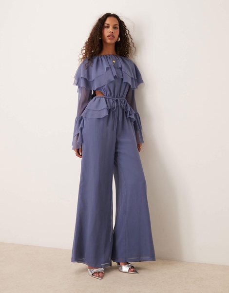 ASOS DESIGN exaggerated ruffle sleeve jumpsuit with cut out waist in blue