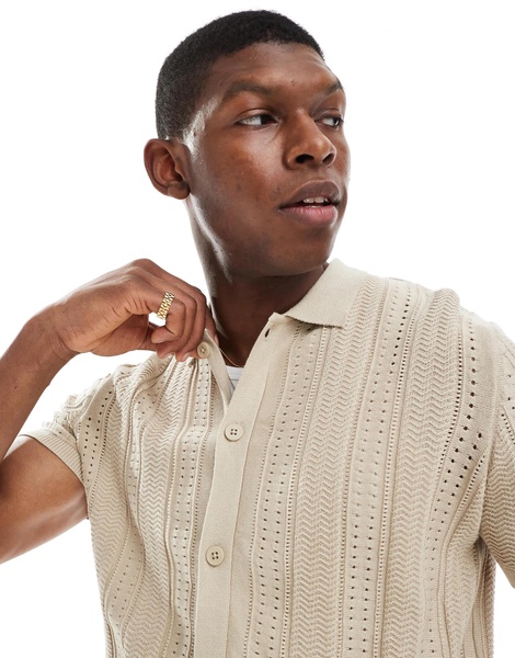 Brave Soul knit button through polo shirt in beige