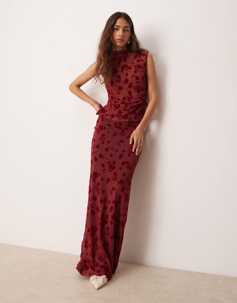 ASOS DESIGN ruched side high neck flocked mesh top in red - part of a set