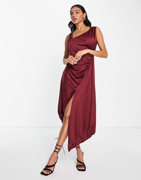 Amy Lynn satin gathered midi dress in burgundy