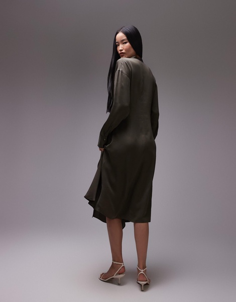 ARKET midi shirt dress with asymmetric drape detail in khaki green