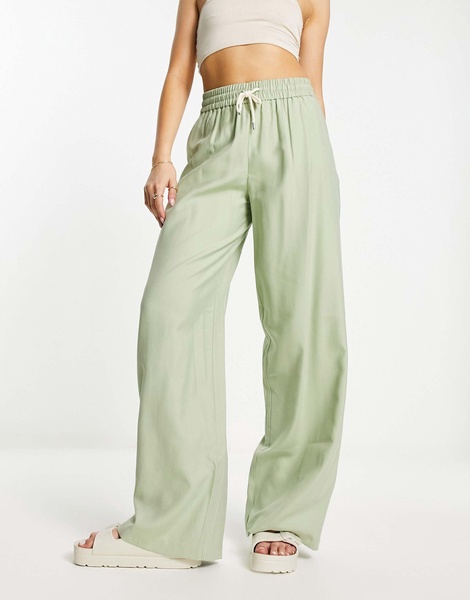 Stradivarius crinkle pull on wide leg pants in khaki