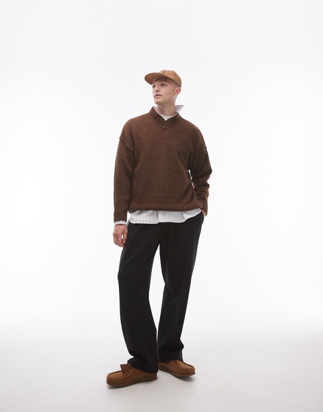 Topman oversized v neck sweater in brown with exposed seams