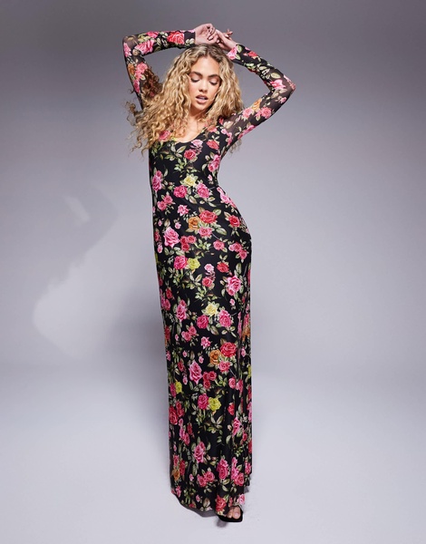 AFRM Ruby long sleeve plunge maxi dress in wallpaper rose print