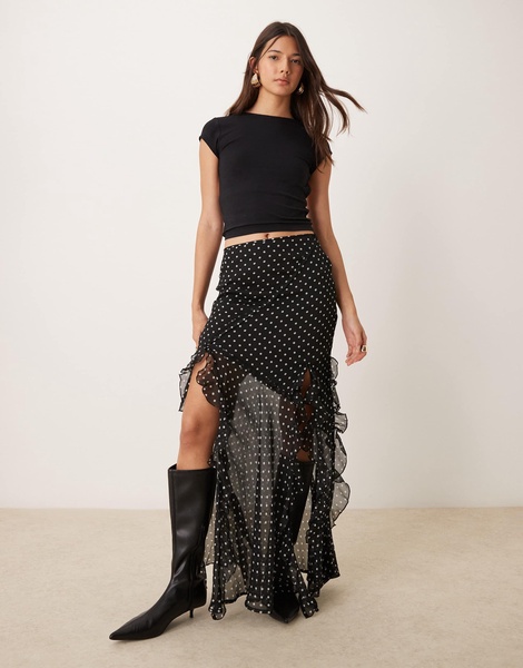 ASOS DESIGN chiffon ruffle detail maxi skirt in mono dot