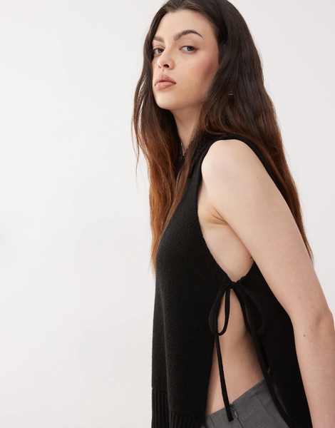 COLLUSION knit high collared neck vest with tie sides