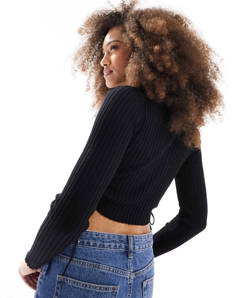 Bershka cut out side knit polo top in black