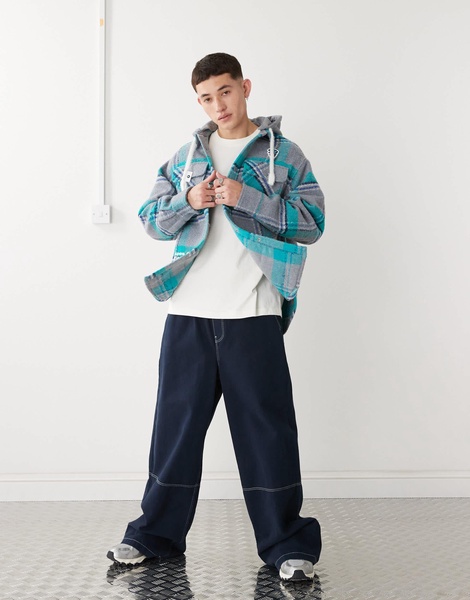 Aape By A Bathing Ape long sleeve hooded shacket in blue and gray check