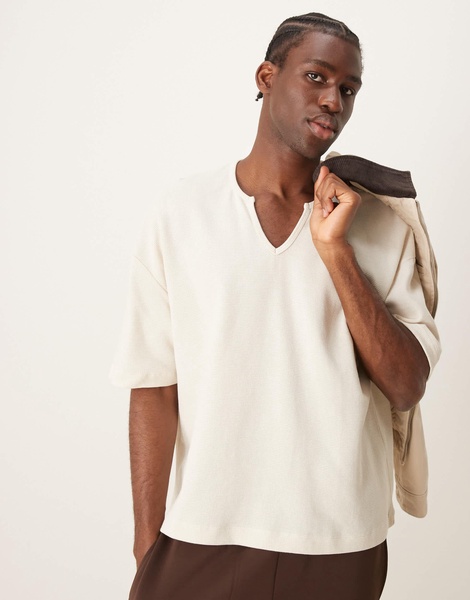 ASOS DESIGN oversized boxy waffle t-shirt with notch neck in cream