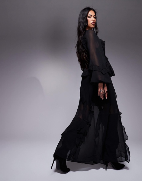 River Island chiffon ruffle maxi skirt in black