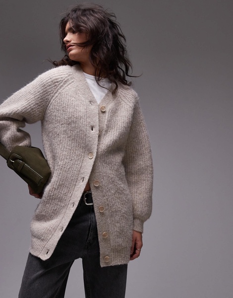 Topshop knitted high v-neck fluffy cardigan dress in oat