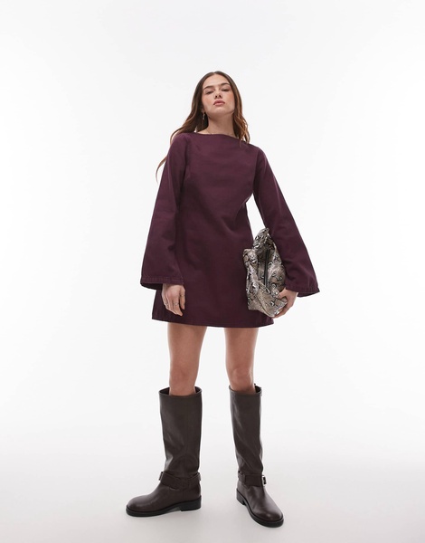 Topshop denim slash neck long sleeve dress in brown
