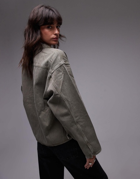 ARKET oversized denim shacket with high collar and front patch pockets in washed khaki green
