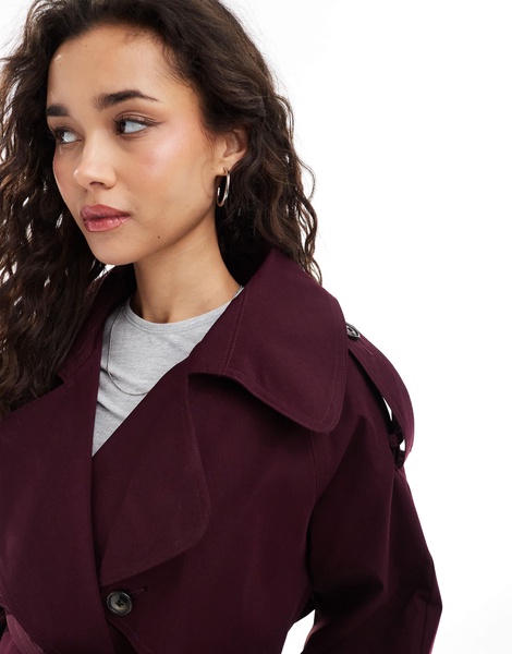 ASOS DESIGN oversized short trench coat with belt in burgundy