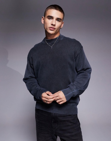 BOSS Orange Akapulk tonal logo overdye cotton knit sweater relaxed fit in mid blue