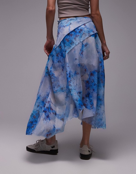 Topshop asymmetric midi skirt in blue washed floral