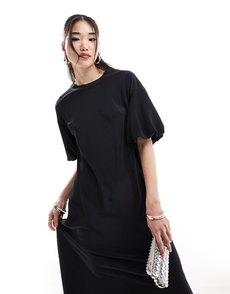 ASOS DESIGN puff sleeve t-shirt midi dress in black