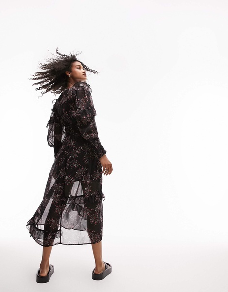 Topshop midi dress with ruffle sleeves in black floral print