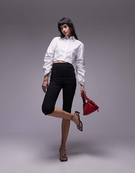Topshop ruched sleeve poplin crop shirt in white