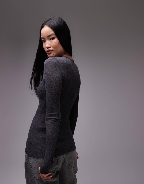 ARKET merino wool knitted semi sheer long sleeve top in dark gray
