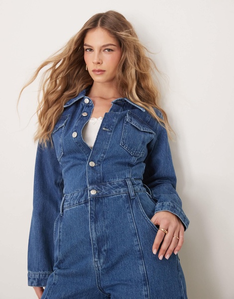 ASOS DESIGN denim barrel leg long sleeve jumpsuit in indigo