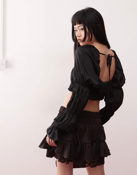 Monki satin ruched puff long sleeve crop top in black