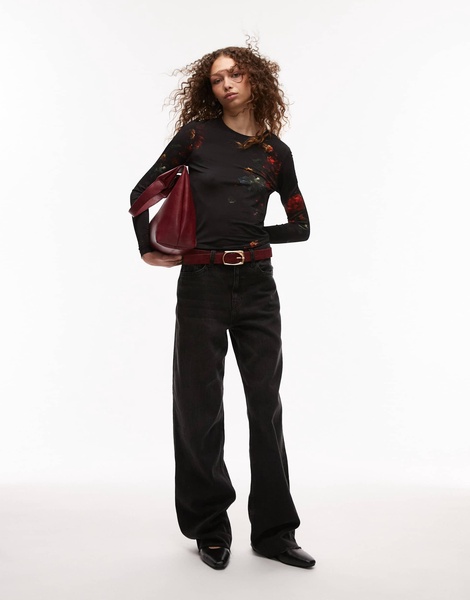 AllSaints Katlyn long sleeve mesh top in black floral