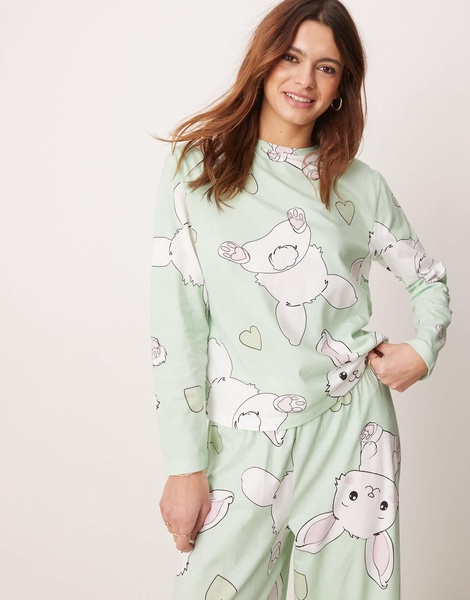 ASOS DESIGN bunny long sleeve top & pants pajama set in gray