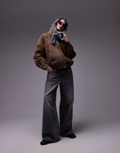 Topshop Premium real leather oversized bomber jacket in stone